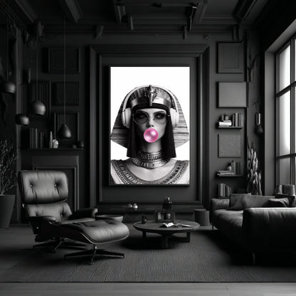 Modern Egyptian queen pop culture wall decor displayed in moody all black luxury interior, monochrome female statement artwork