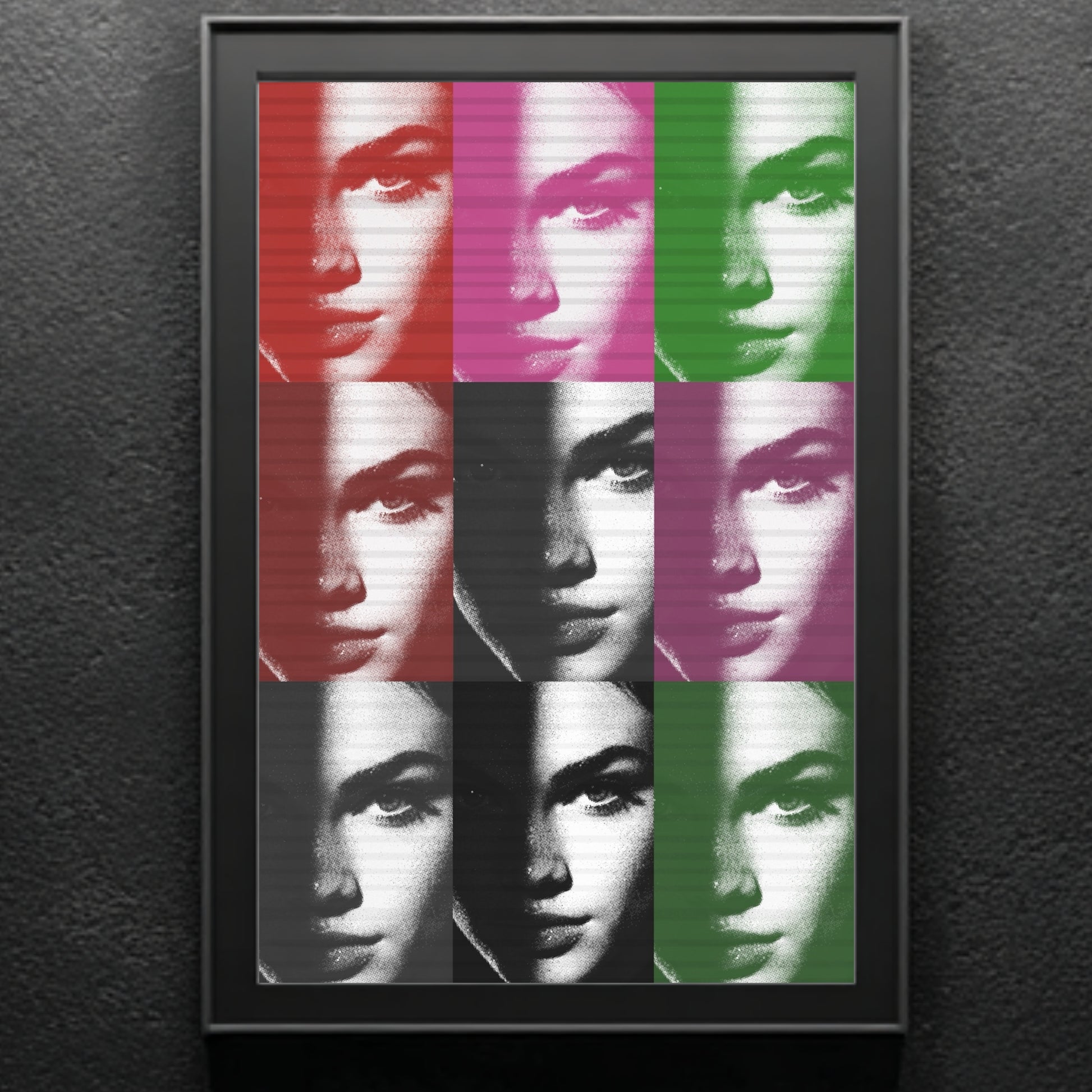 Pop art female portrait wall decor on dark textured wall, repeated grid color block icon inspired artwork