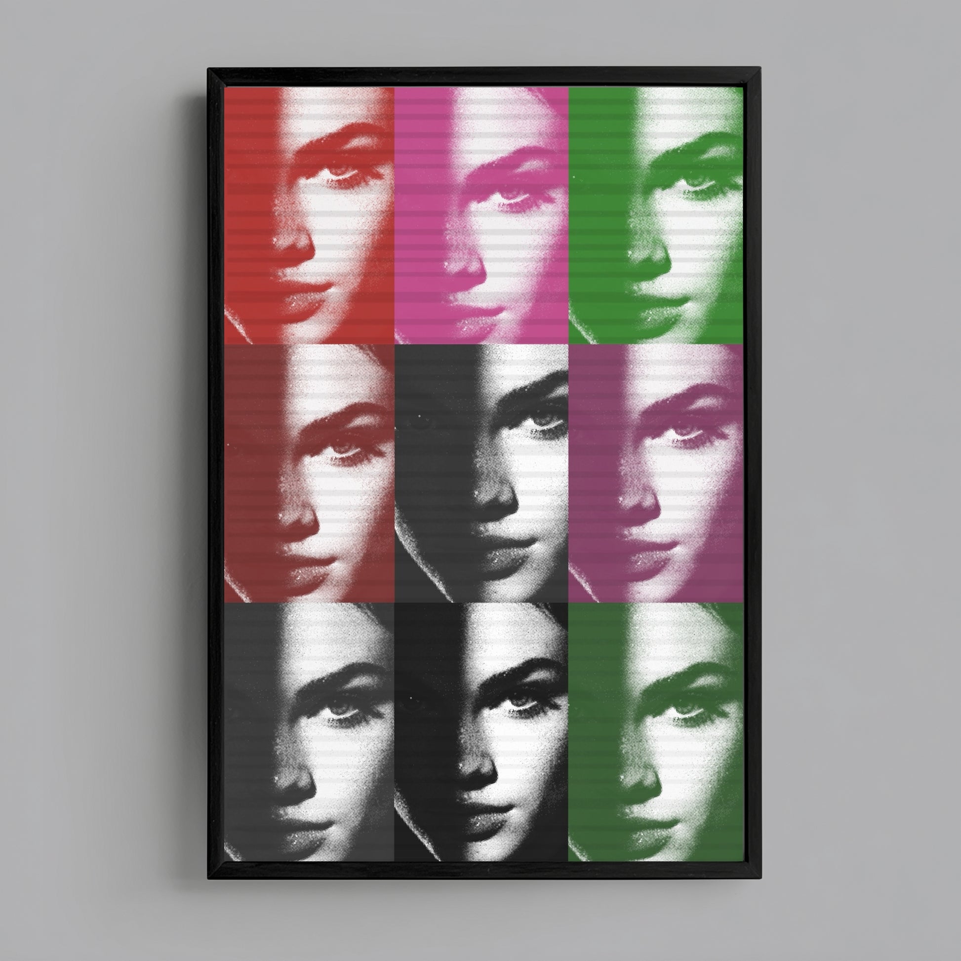 Pop art female portrait print centered on grey wall product mockup, color block grid icon inspired statement wall decor