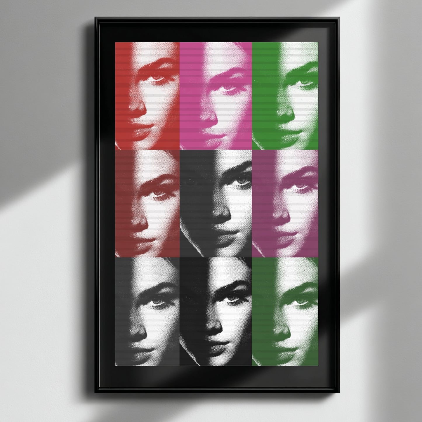 Pop art female portrait color block grid wall art framed on clean white wall, modern icon inspired statement decor