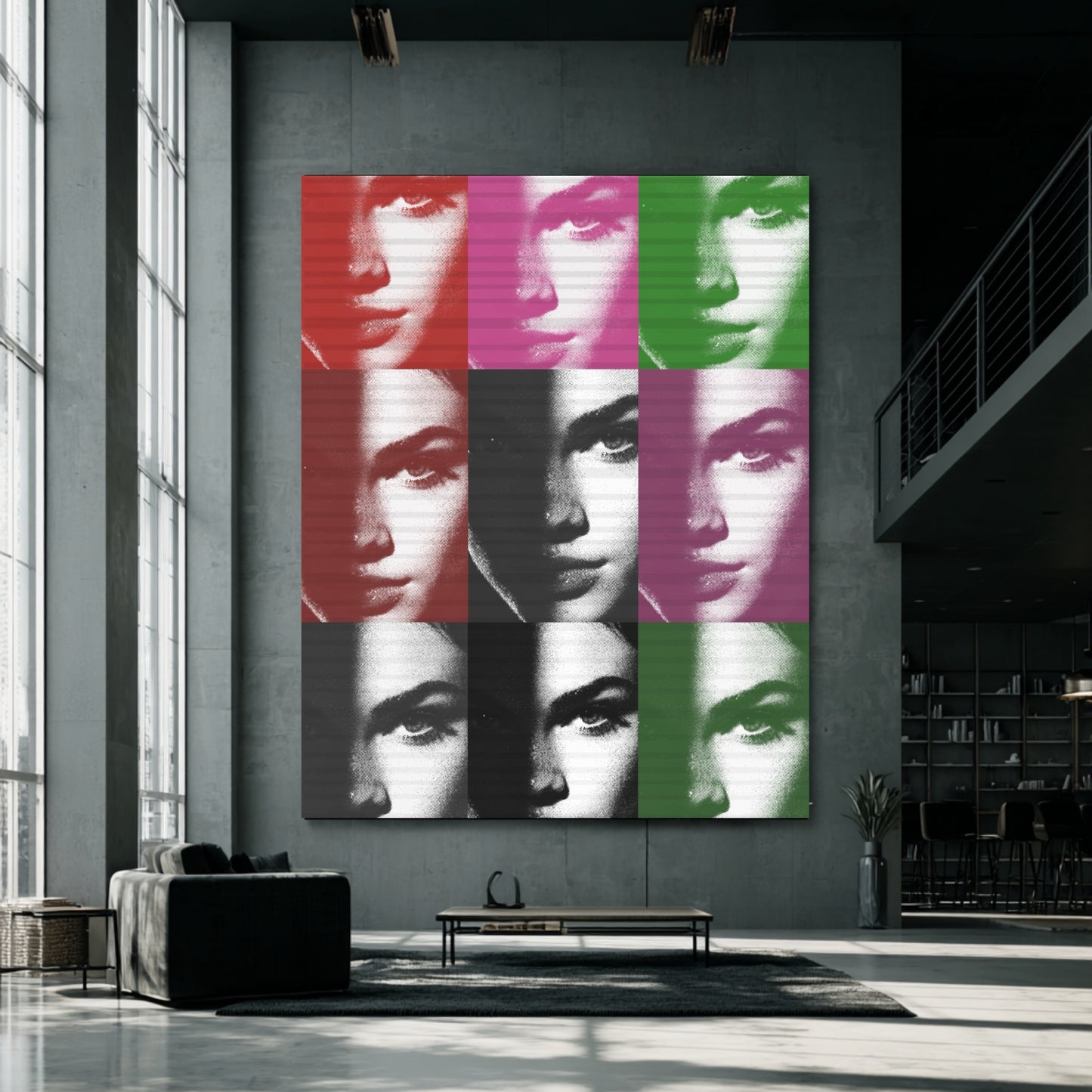 Large pop art female portrait wall art on oversized concrete loft wall, bold color block grid statement decor