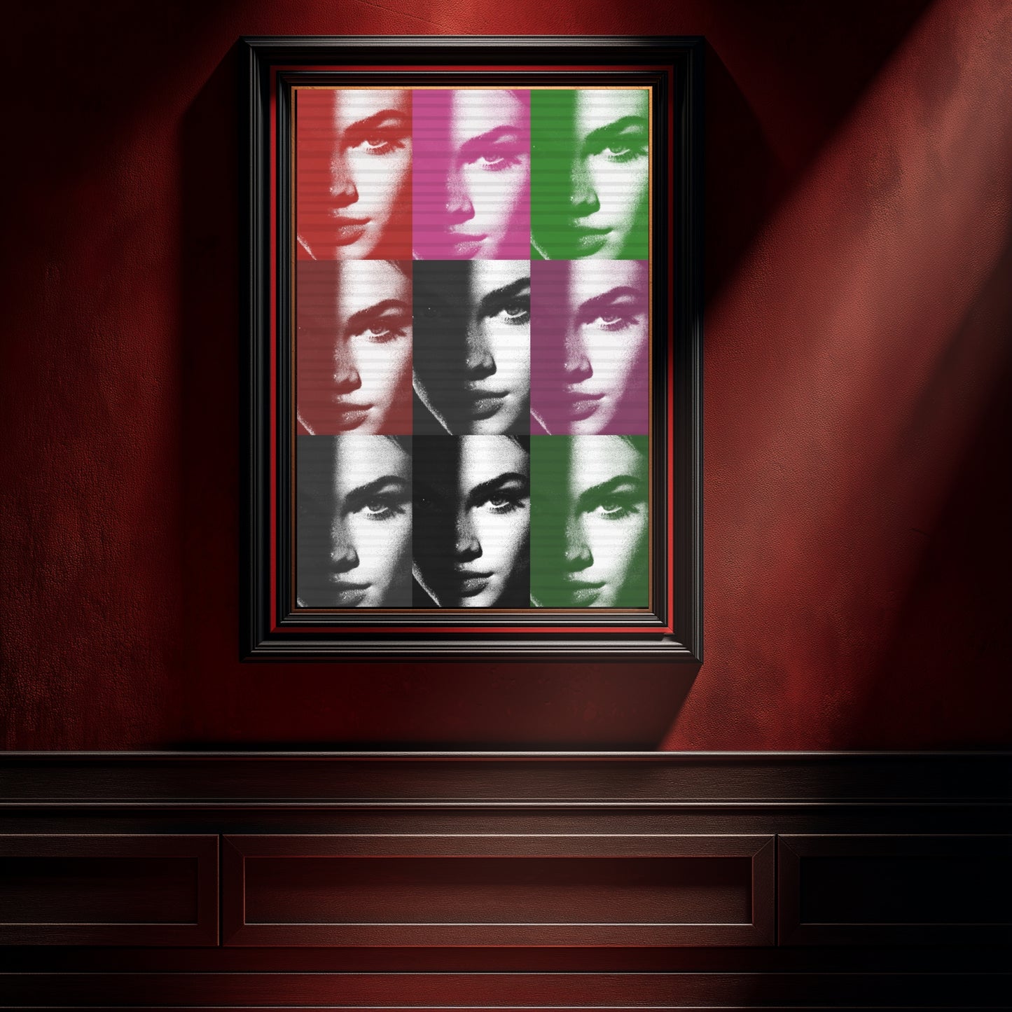 Pop art female portrait color block wall art framed on dramatic red wall interior, icon inspired grid statement decor