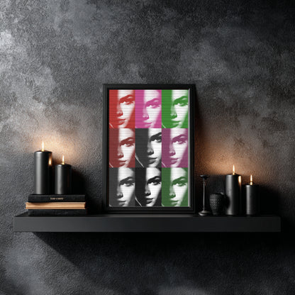 Pop art female portrait wall decor styled on floating shelf with candles and books, color block icon inspired grid print