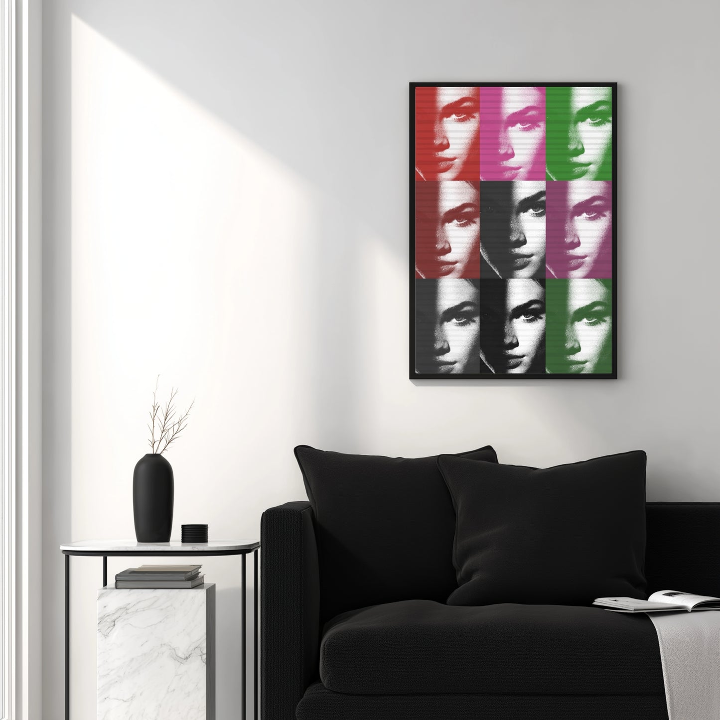 Pop art female portrait wall art above black sofa in modern white living room, color block grid statement decor