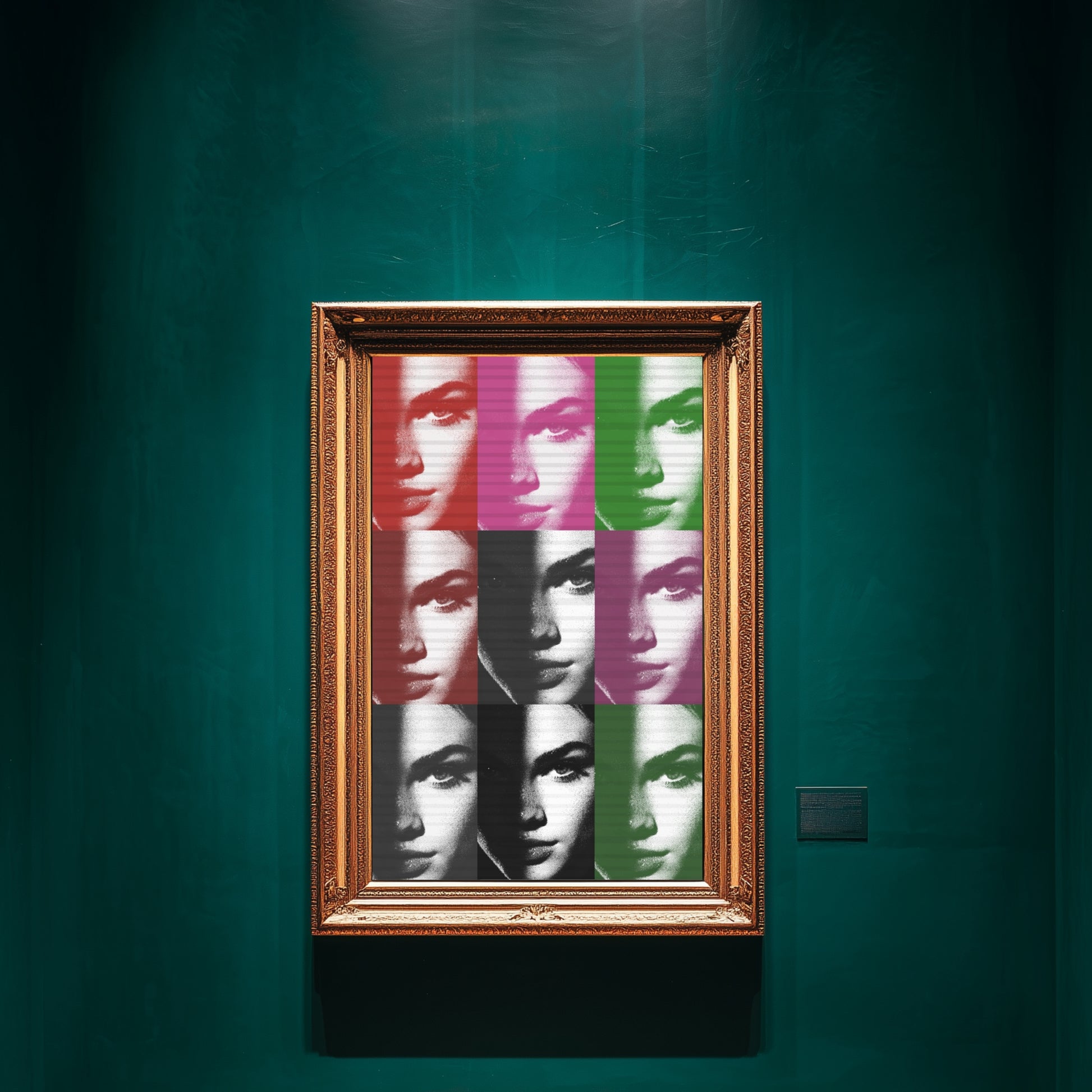 Pop art female portrait wall art displayed on emerald green luxury gallery wall, color block icon inspired grid statement print decor