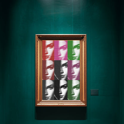 Pop art female portrait wall art displayed on emerald green luxury gallery wall, color block icon inspired grid statement print decor