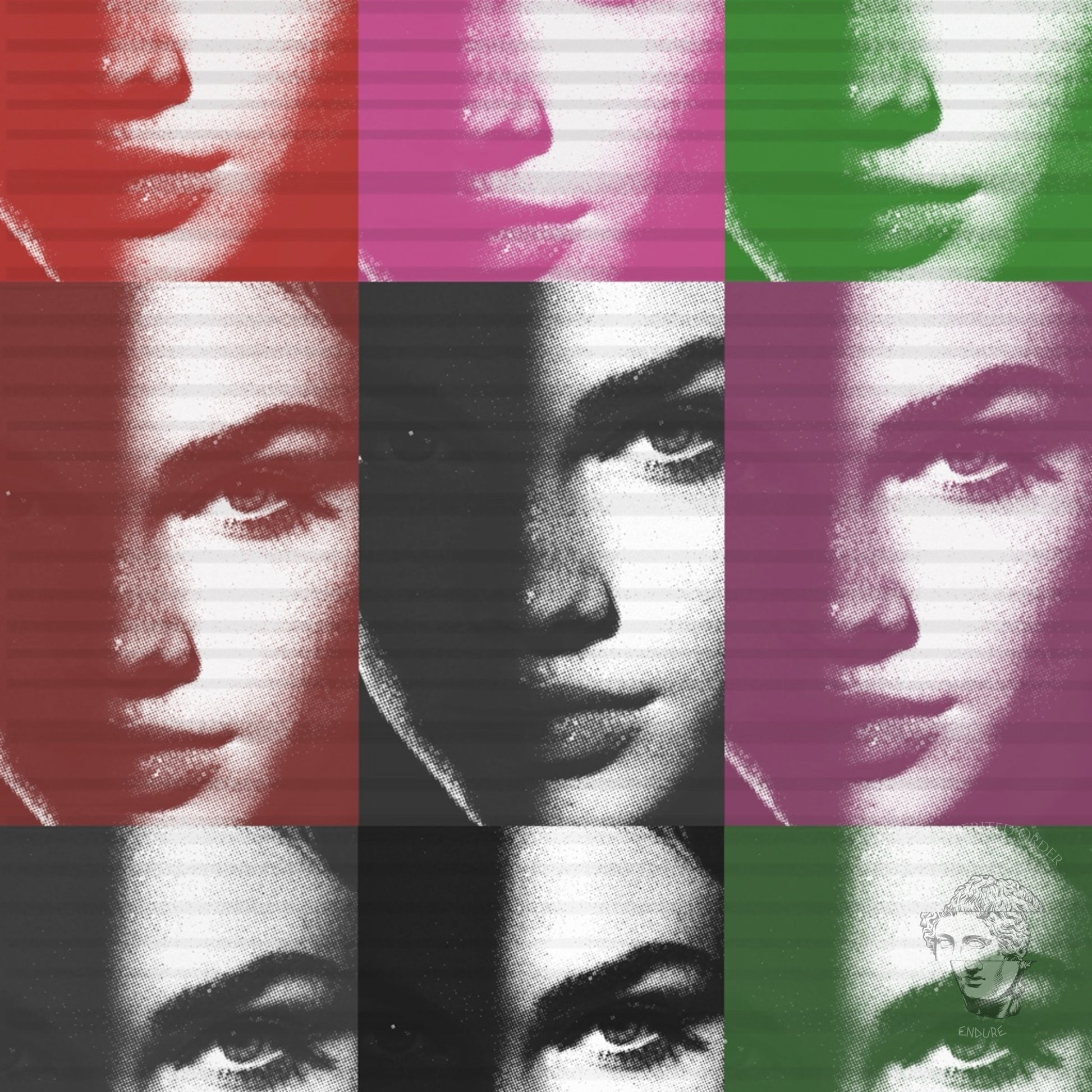 Close-up detail of pop art female portrait grid print, red pink green color block icon inspired artwork