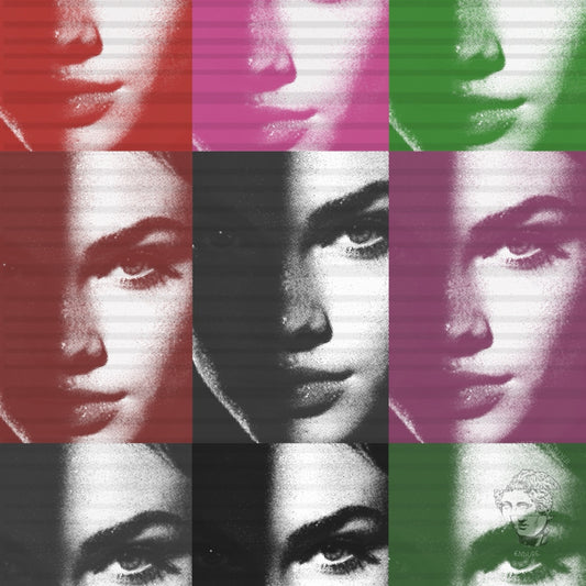 Close-up detail of pop art female portrait grid print, red pink green color block icon inspired artwork
