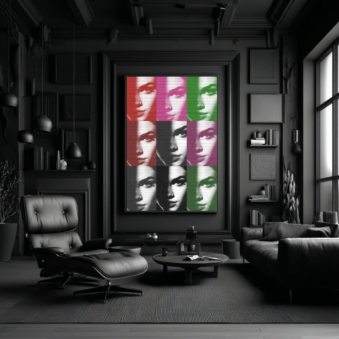 Pop art female portrait wall decor displayed in moody all black luxury interior, color block grid statement artwork