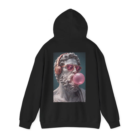 Classical Statue Headphones Bubblegum Back Graphic Hoodie – Dark Luxury Statement Hoodie