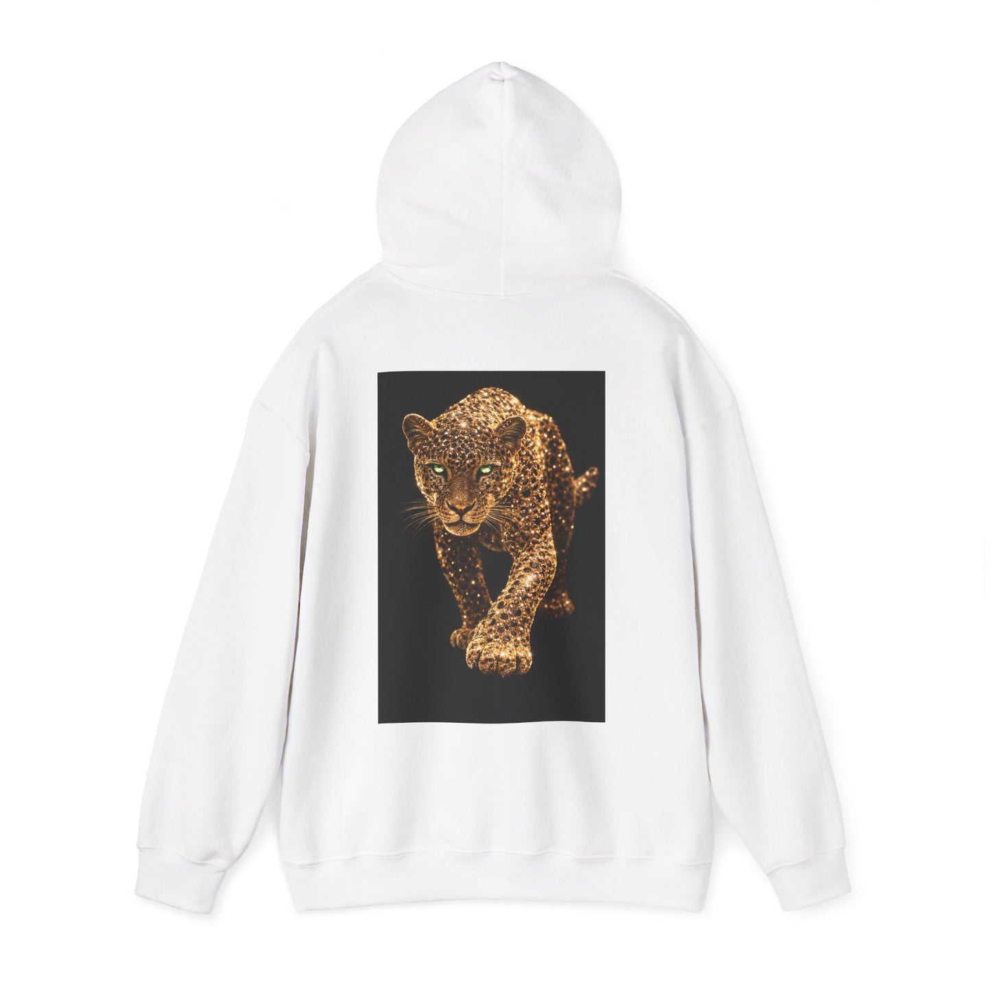 White hooded sweatshirt with hood up and bold leopard panther artwork on back, motivational streetwear hoodie representing dominance, confidence, and self-control