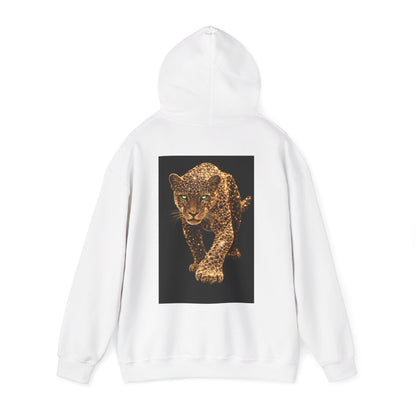 White hooded sweatshirt with hood up and bold leopard panther artwork on back, motivational streetwear hoodie representing dominance, confidence, and self-control