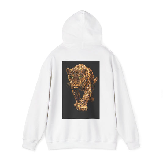 White hooded sweatshirt with hood up and bold leopard panther artwork on back, motivational streetwear hoodie representing dominance, confidence, and self-control