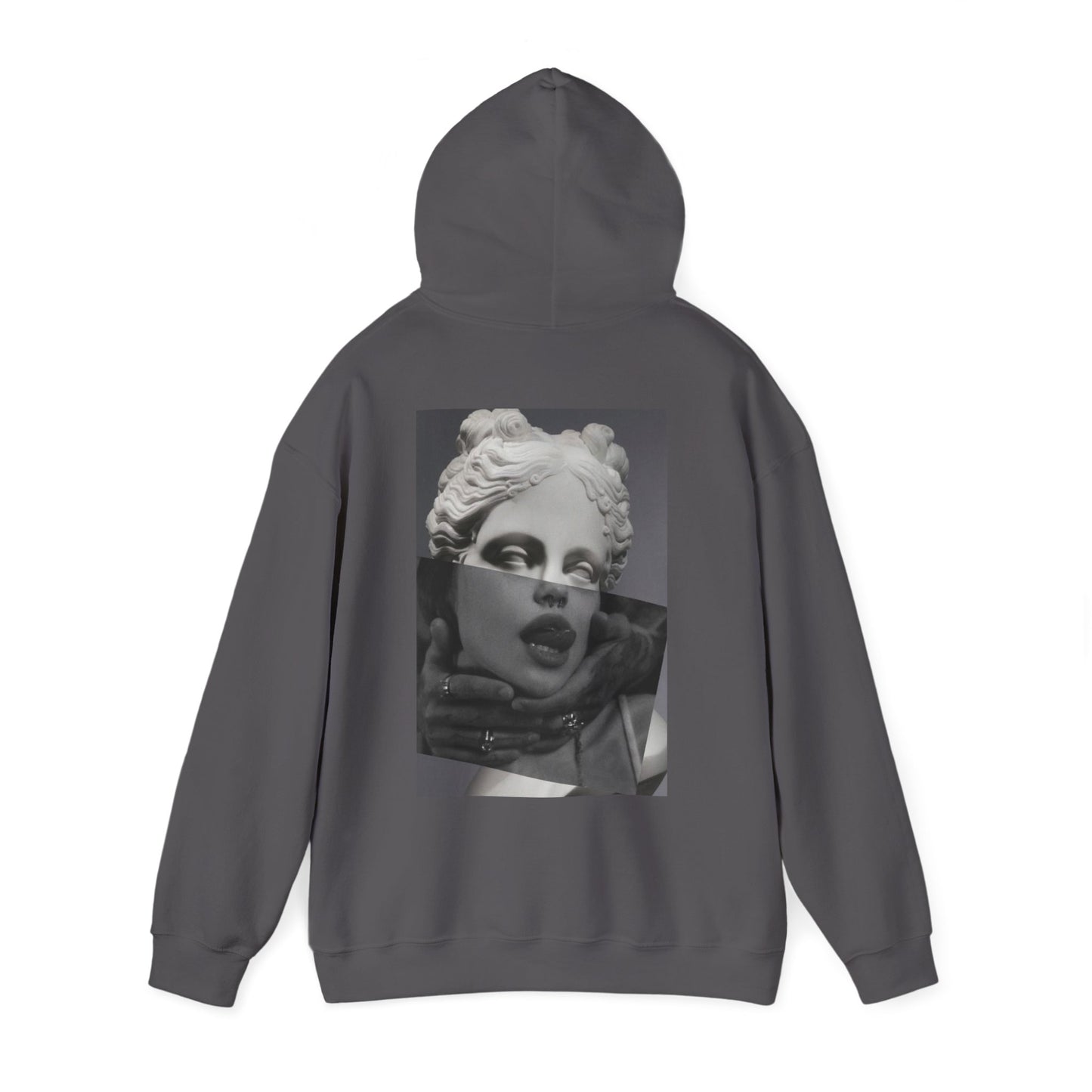Charcoal gray surreal statue back graphic hoodie with hood up, unisex premium streetwear hoodie featuring surreal classical statue collage back artwork and dark luxury aesthetic