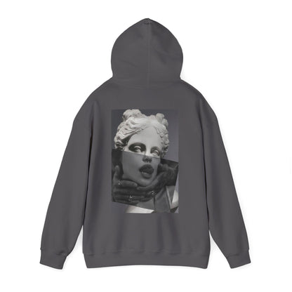 Charcoal gray surreal statue back graphic hoodie with hood up, unisex premium streetwear hoodie featuring surreal classical statue collage back artwork and dark luxury aesthetic