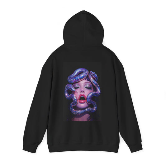 Black pullover hoodie with surreal serpent glamour back artwork, iridescent snakes and modern glam portrait dark luxury statement apparel
