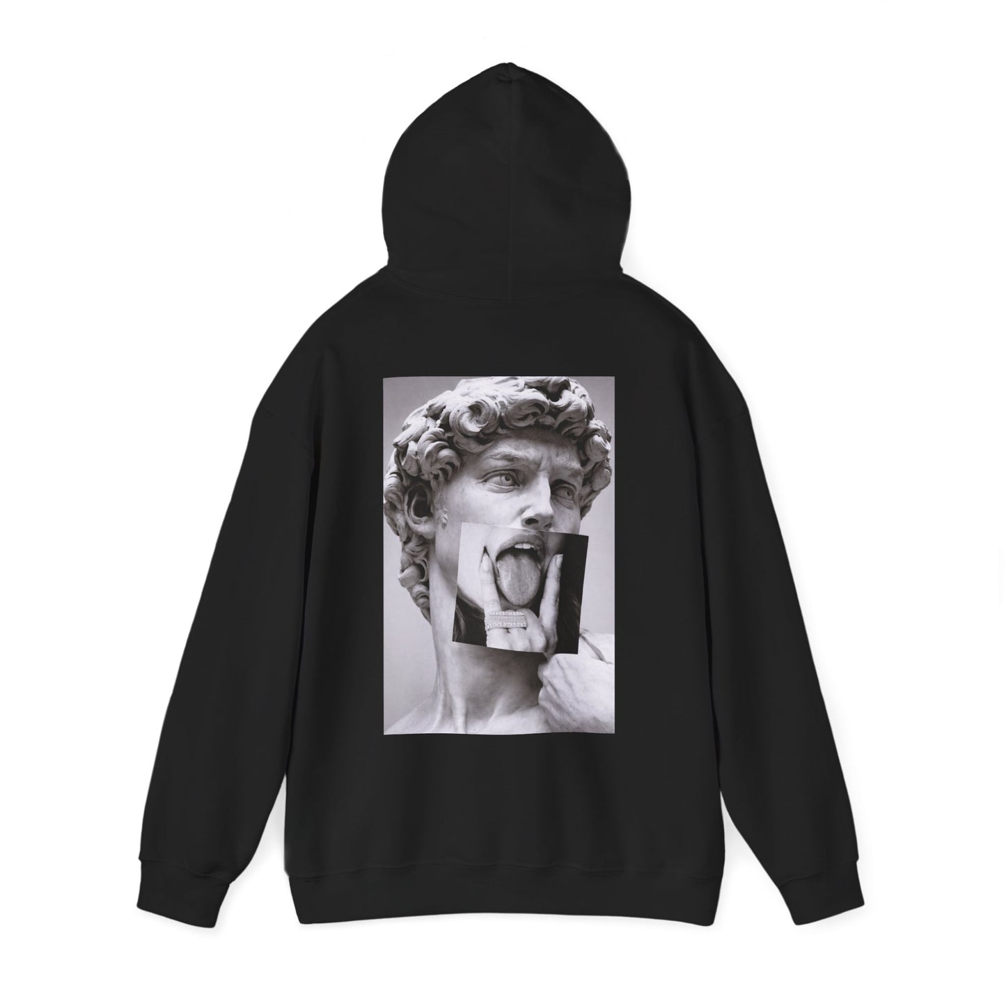 Black unisex pullover hoodie featuring a classical statue back graphic with modern surreal photographic overlay, fine art inspired streetwear hoodie, dark contemporary fashion, bold statement back artwork, minimalist front design