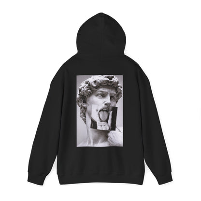 Black unisex pullover hoodie featuring a classical statue back graphic with modern surreal photographic overlay, fine art inspired streetwear hoodie, dark contemporary fashion, bold statement back artwork, minimalist front design