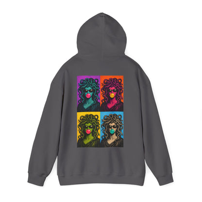 Charcoal Gray multi-color pop art Medusa back graphic hoodie product mockup, unisex modern streetwear hoodie featuring pop art Medusa collage artwork on the back with clean minimalist front