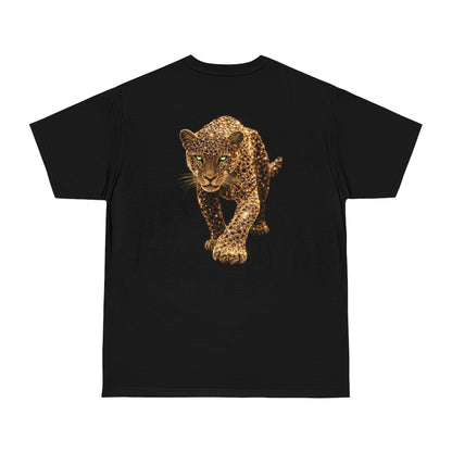 Black t-shirt with gold leopard back print, luxury animal graphic tee showcasing powerful leopard artwork in modern streetwear style