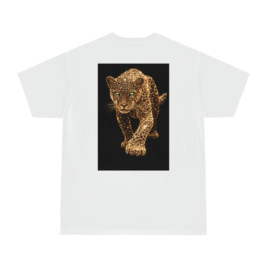 White t-shirt flat lay featuring gold leopard back print, luxury animal graphic tee with modern statement design and clean front aesthetic