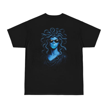 Blue medusa bubblegum back graphic t-shirt in black flat lay back view, dark luxury surreal statement tee featuring blue medusa-inspired figure blowing bubblegum with clean front and bold back design