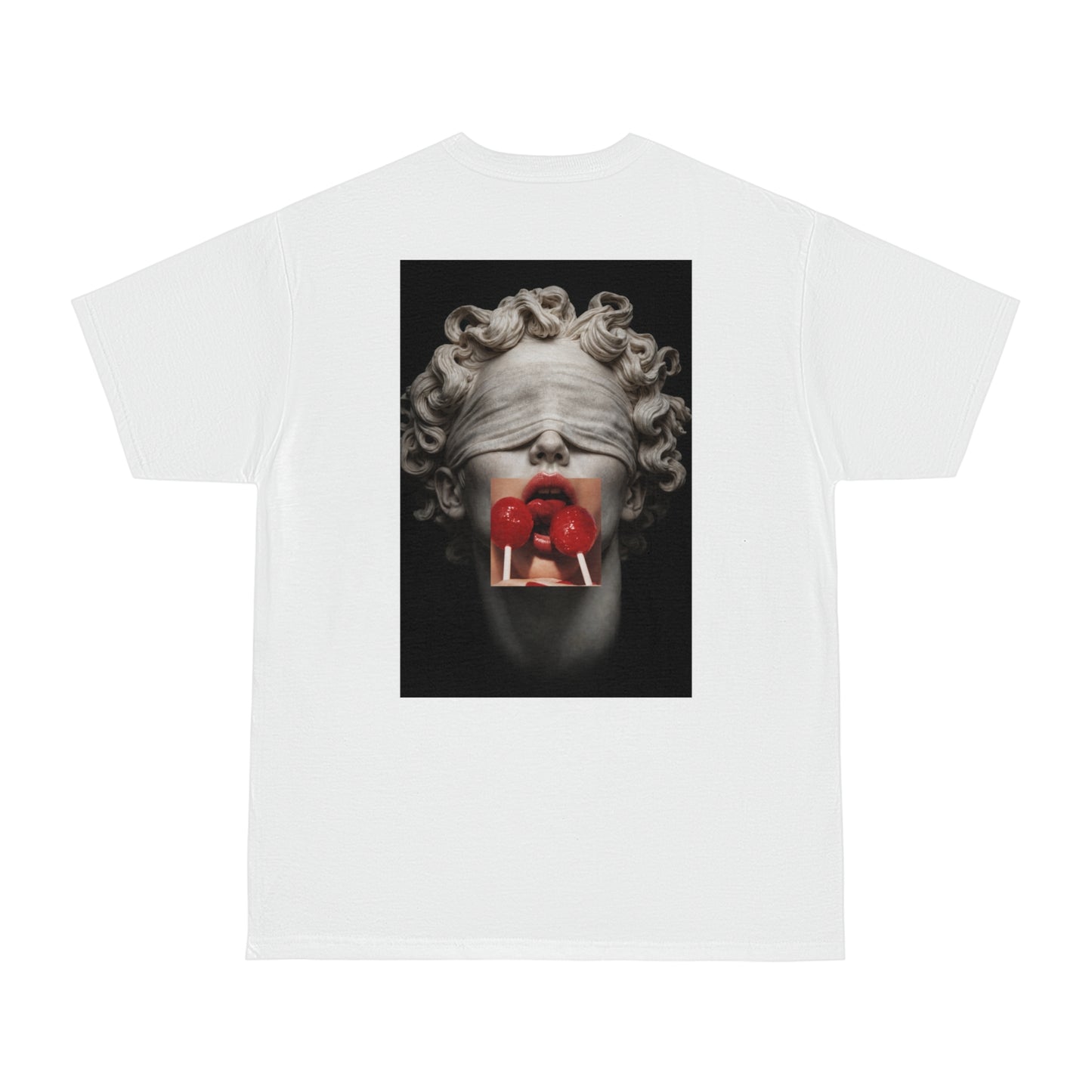 White t-shirt with blindfolded classical statue back graphic, surreal marble sculpture with red lollipops, dark luxury fashion statement tee