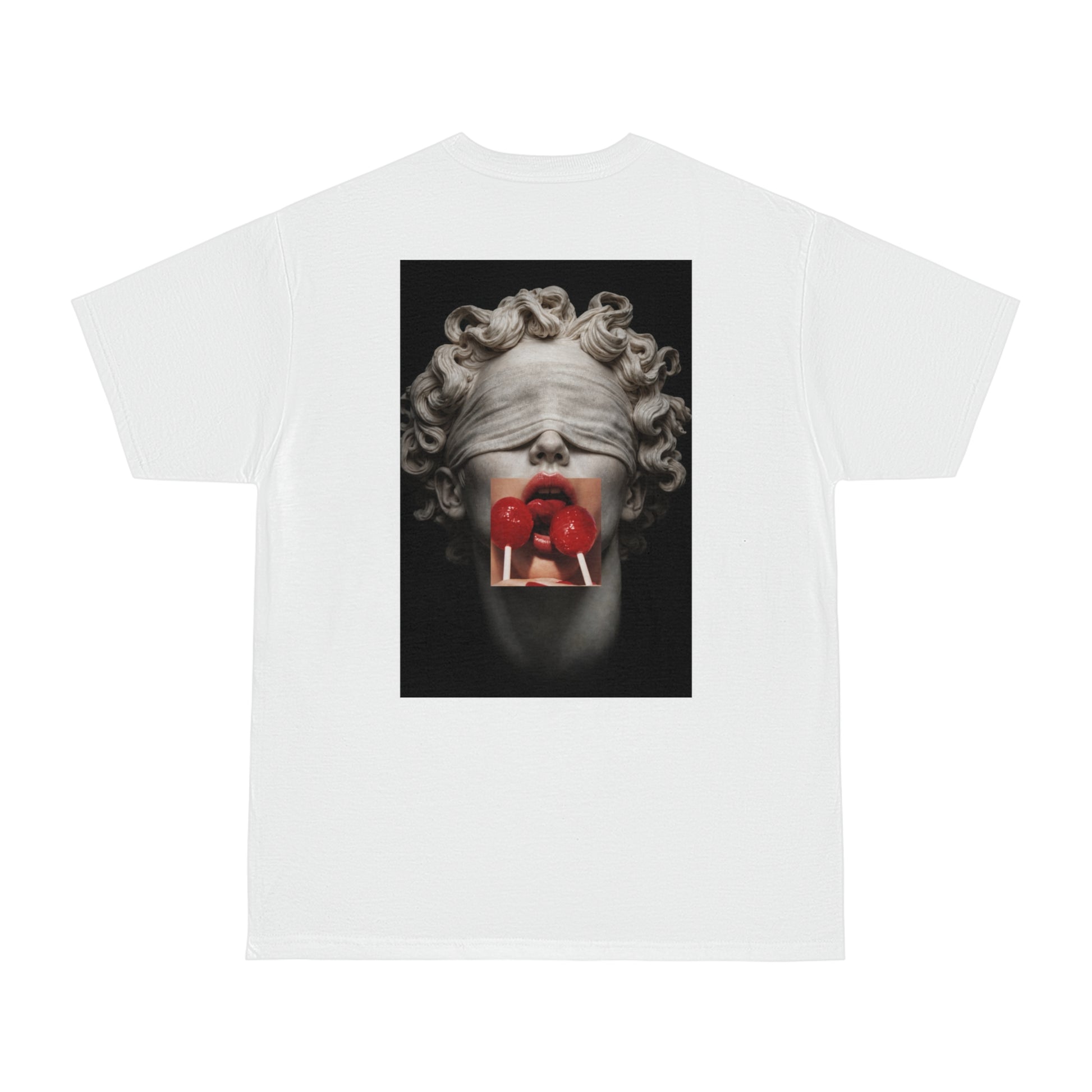 White t-shirt with blindfolded classical statue back graphic, surreal marble sculpture with red lollipops, dark luxury fashion statement tee