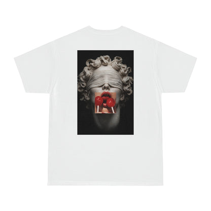 White t-shirt with blindfolded classical statue back graphic, surreal marble sculpture with red lollipops, dark luxury fashion statement tee