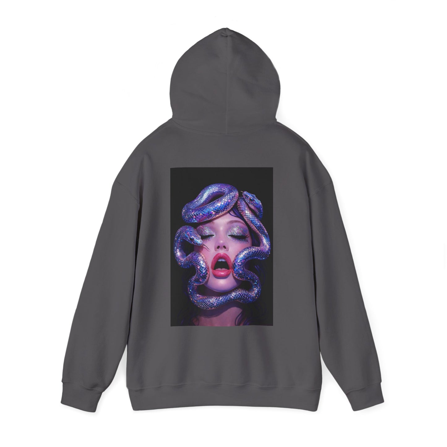 Gray unisex hoodie with Medusa-inspired surreal serpent artwork printed on the back, dark luxury statement streetwear hoodie