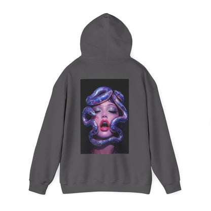 Gray unisex hoodie with Medusa-inspired surreal serpent artwork printed on the back, dark luxury statement streetwear hoodie