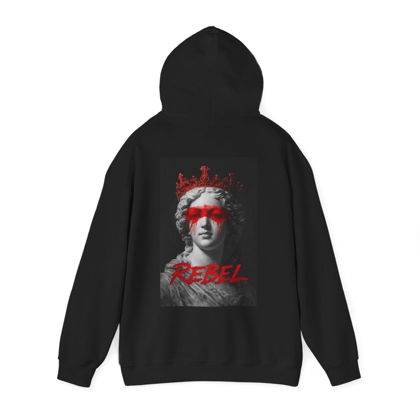 Black pullover hoodie featuring defaced classical marble statue with red paint eyes and crown, dark luxury rebellious streetwear hoodie