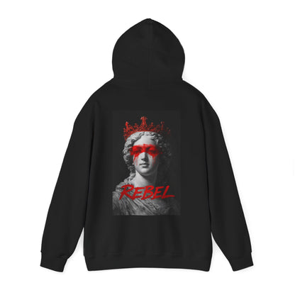 Black pullover hoodie featuring defaced classical marble statue with red paint eyes and crown, dark luxury rebellious streetwear hoodie
