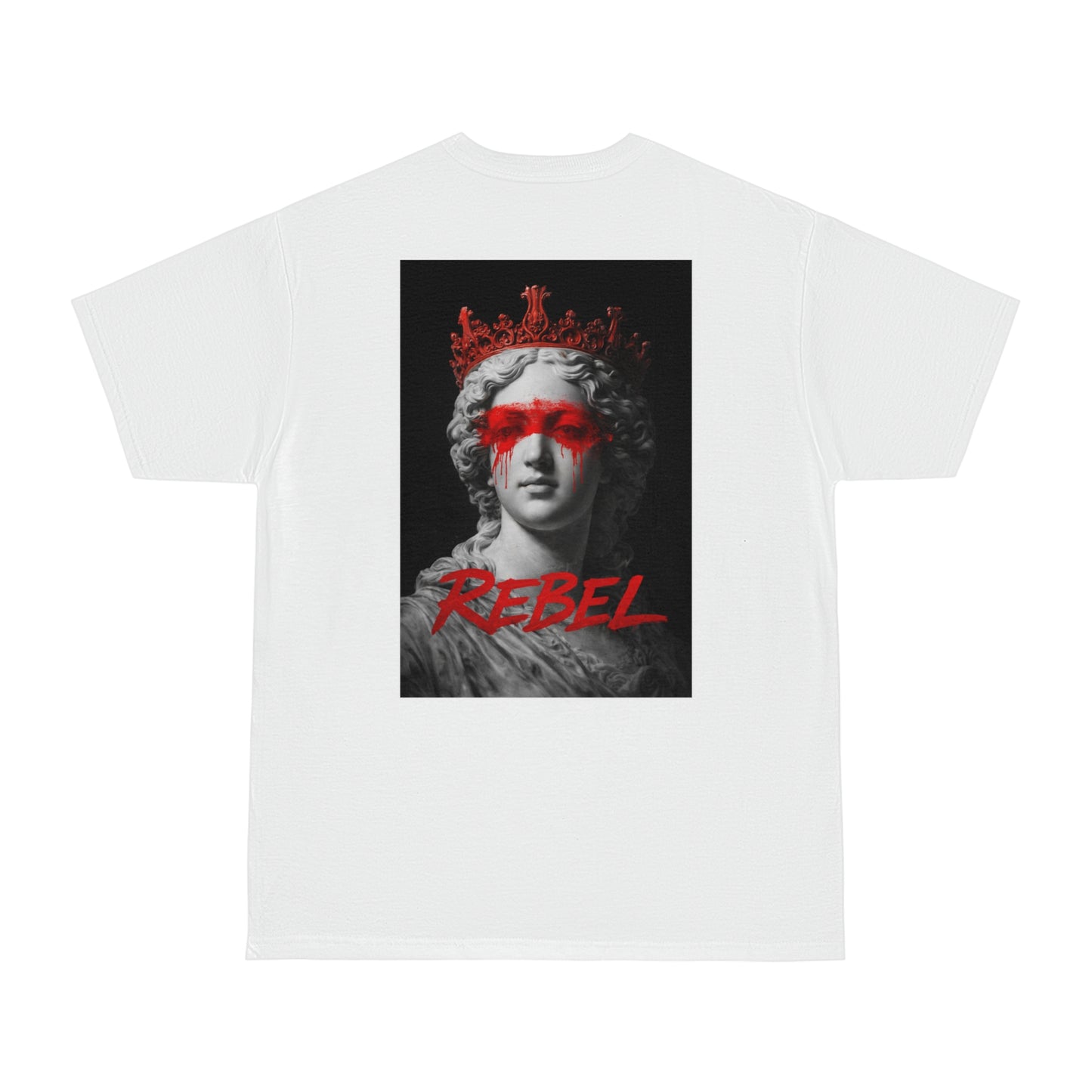 Rebel classical statue red paint back graphic t-shirt in white, unisex dark luxury art statement tee featuring defaced marble sculpture with red crown, red paint across the eyes, and bold “REBEL” text