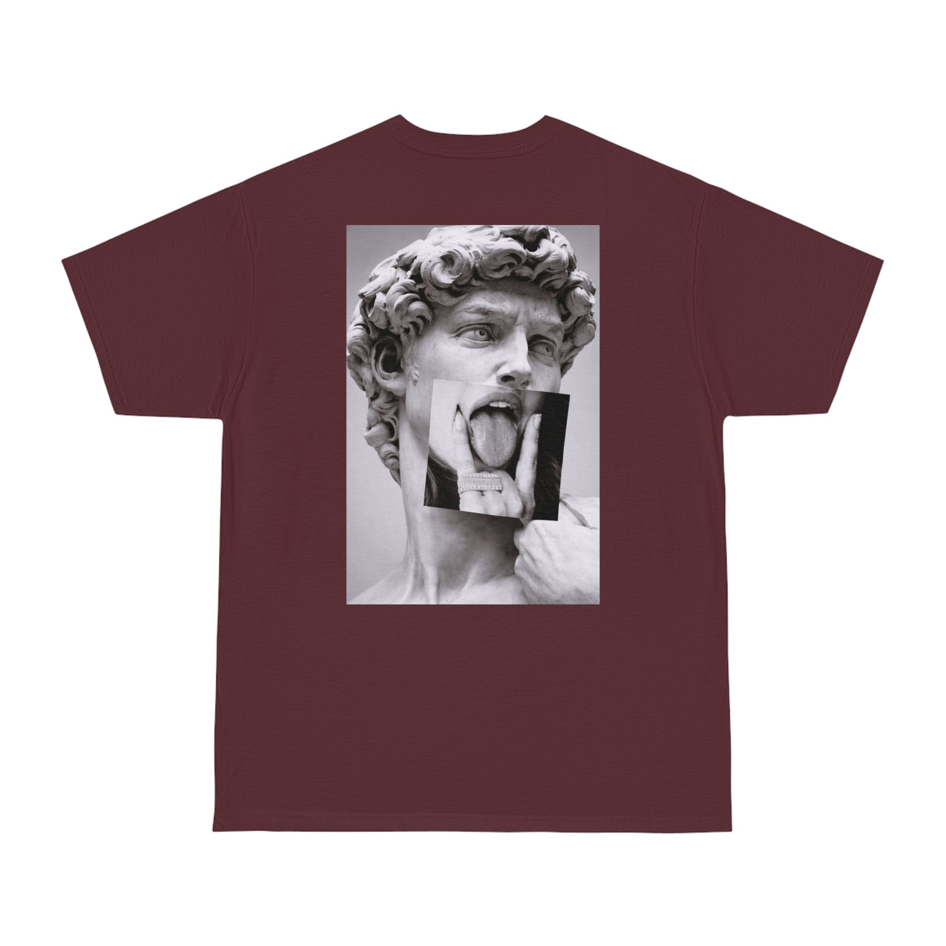 Burgundy Maroon graphic t-shirt featuring Michelangelo’s David statue with grunge collage artwork on the back, gothic art streetwear tee, dark luxury wearable art fashion shirt