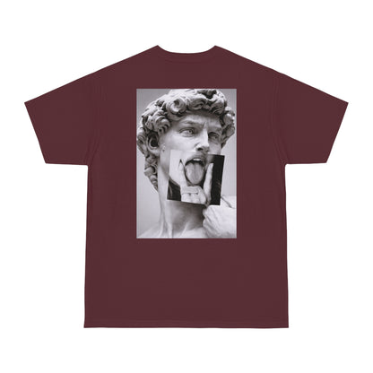 Burgundy Maroon graphic t-shirt featuring Michelangelo’s David statue with grunge collage artwork on the back, gothic art streetwear tee, dark luxury wearable art fashion shirt
