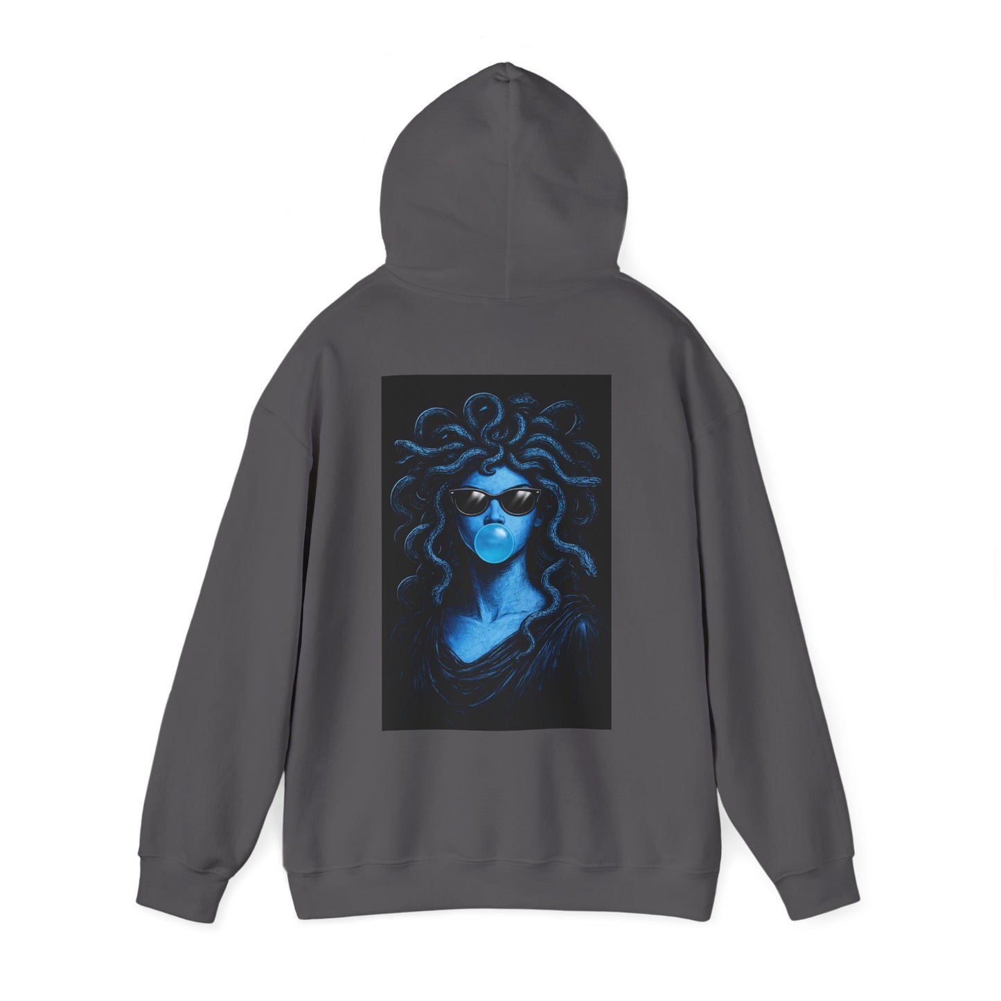 Charcoal gray blue medusa bubblegum back graphic hoodie flat lay with hood up, dark luxury streetwear hoodie featuring blue Medusa artwork with sunglasses and bubblegum, unisex hoodie with clean front and bold back graphic