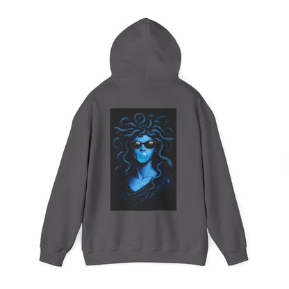 Charcoal gray blue medusa bubblegum back graphic hoodie flat lay with hood up, dark luxury streetwear hoodie featuring blue Medusa artwork with sunglasses and bubblegum, unisex hoodie with clean front and bold back graphic