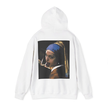 White Classical Girl with a Pearl unfiltered collage back graphic hoodie shown with hood up, dark luxury statement hoodie featuring raw classical art remix artwork on the back, unisex pullover hoodie with minimalist front