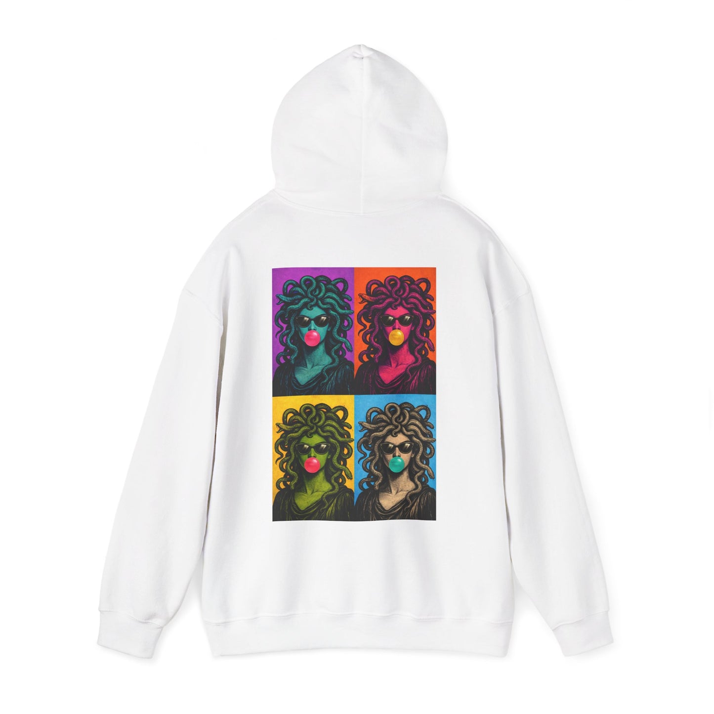 White pop art Medusa back graphic hoodie shown on flat lay, unisex bold statement hoodie featuring pop art Medusa collage artwork printed on the back with clean minimalist front
