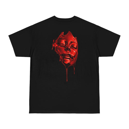 Red liquid face back graphic t-shirt in black, dark luxury surreal statement tee featuring high-gloss red fluid face artwork with dripping details on clean black unisex streetwear t-shirt
