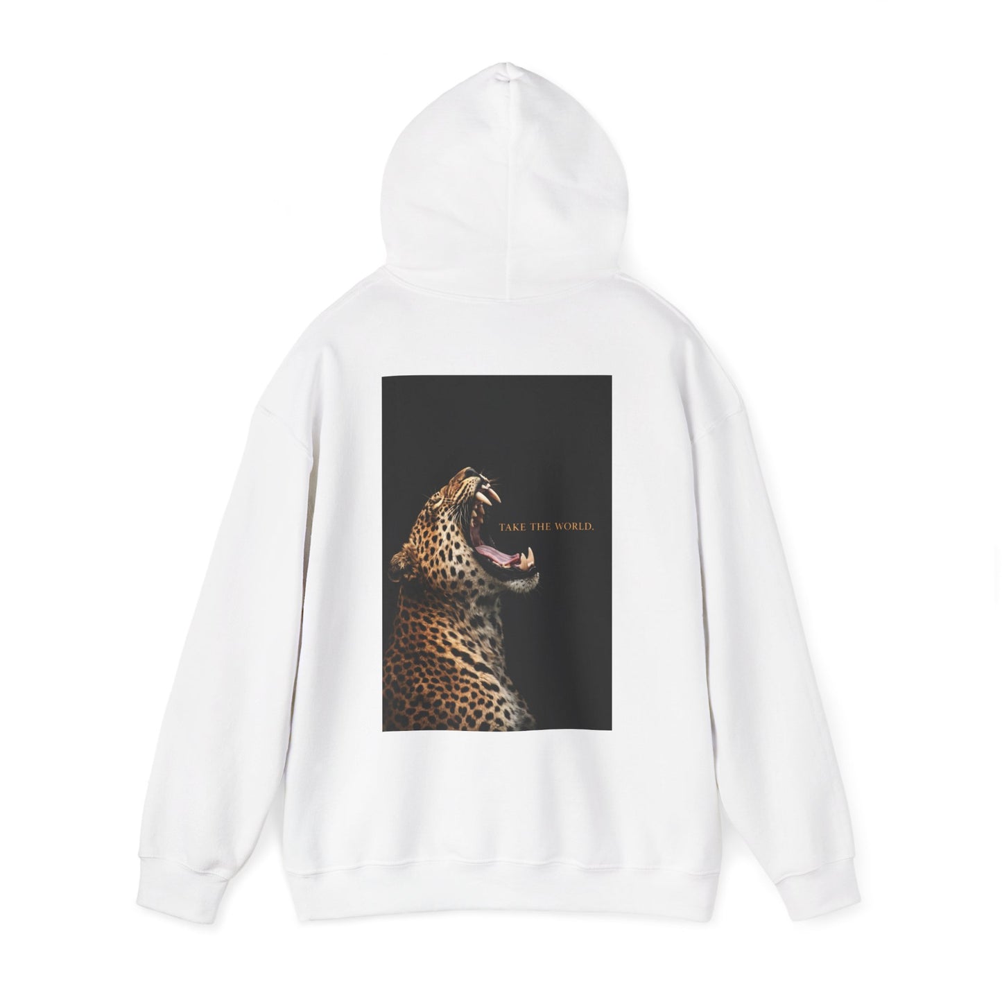 White hoodie back view with hood up displaying roaring leopard artwork and “Take the World” typography, motivational luxury streetwear designed to inspire dominance and confidence