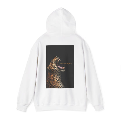 White hoodie back view with hood up displaying roaring leopard artwork and “Take the World” typography, motivational luxury streetwear designed to inspire dominance and confidence
