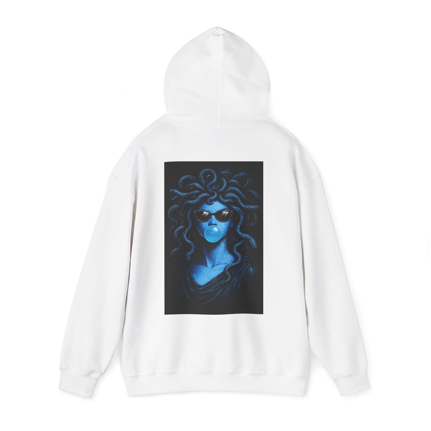 White blue medusa bubblegum back graphic hoodie with hood up, unisex dark luxury statement hoodie featuring blue medusa bubblegum artwork on the back and minimalist clean front