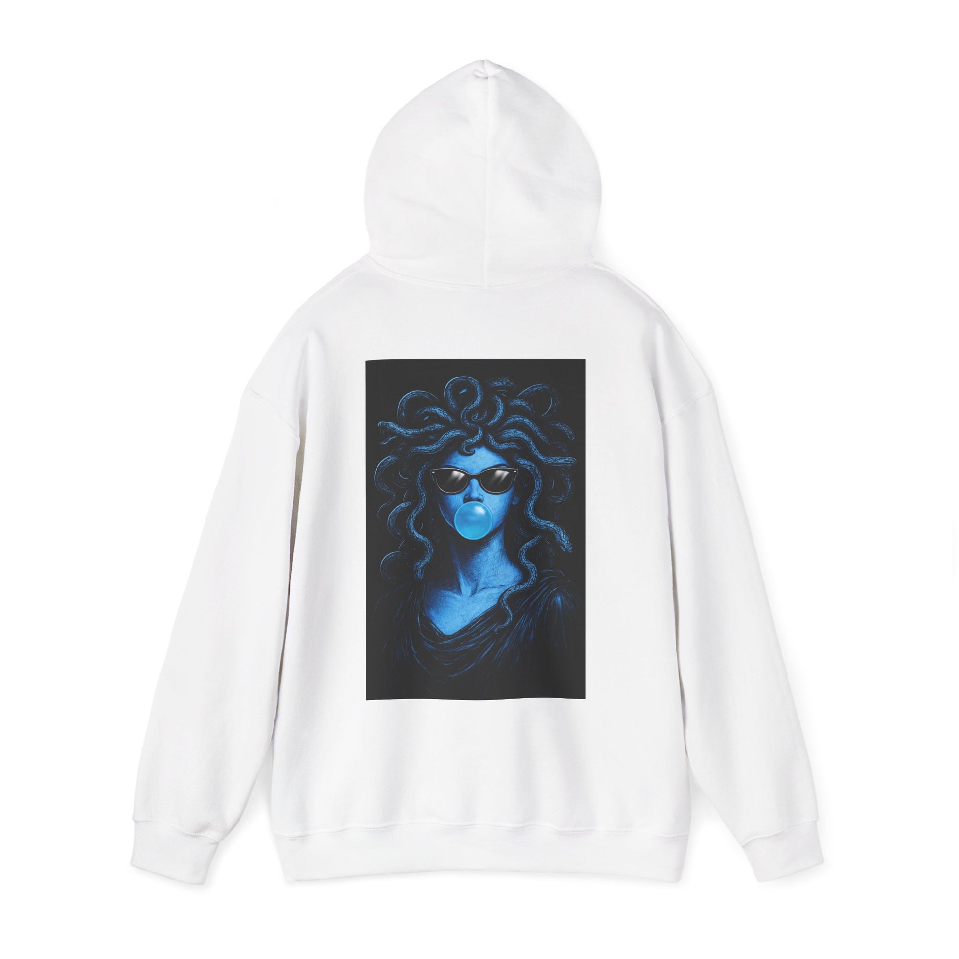 White blue medusa bubblegum back graphic hoodie with hood up, unisex dark luxury statement hoodie featuring blue medusa bubblegum artwork on the back and minimalist clean front
