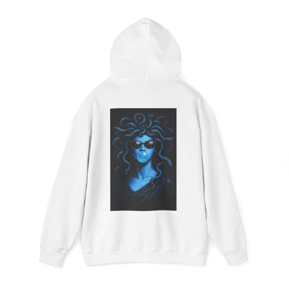 White blue medusa bubblegum back graphic hoodie with hood up, unisex dark luxury statement hoodie featuring blue medusa bubblegum artwork on the back and minimalist clean front