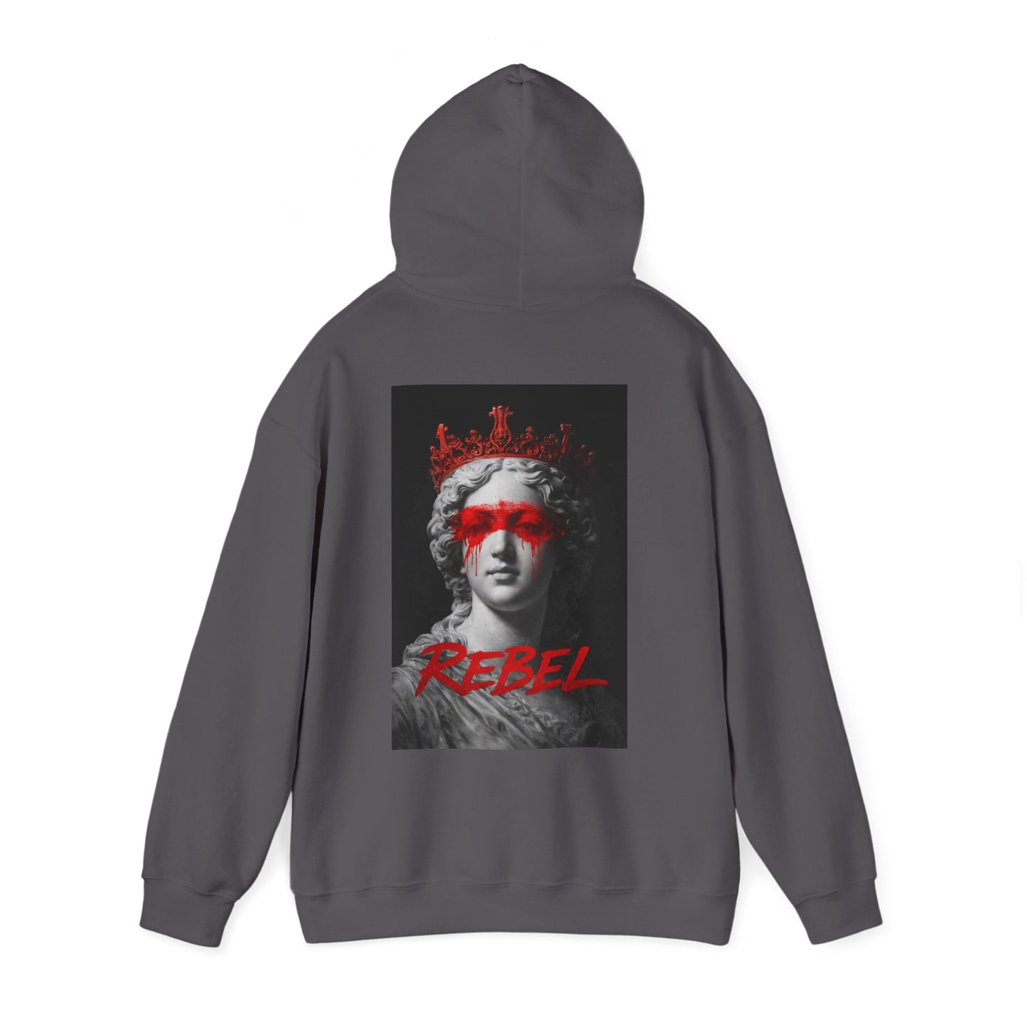 Charcoal gray pullover hoodie featuring rebel classical statue red paint back graphic, oversized unisex streetwear hoodie with defaced marble art design