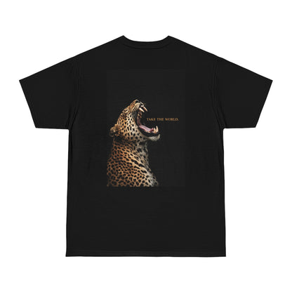 Black luxury leopard back graphic t-shirt featuring roaring leopard artwork with TAKE THE WORLD text, dark luxury animal statement streetwear tee