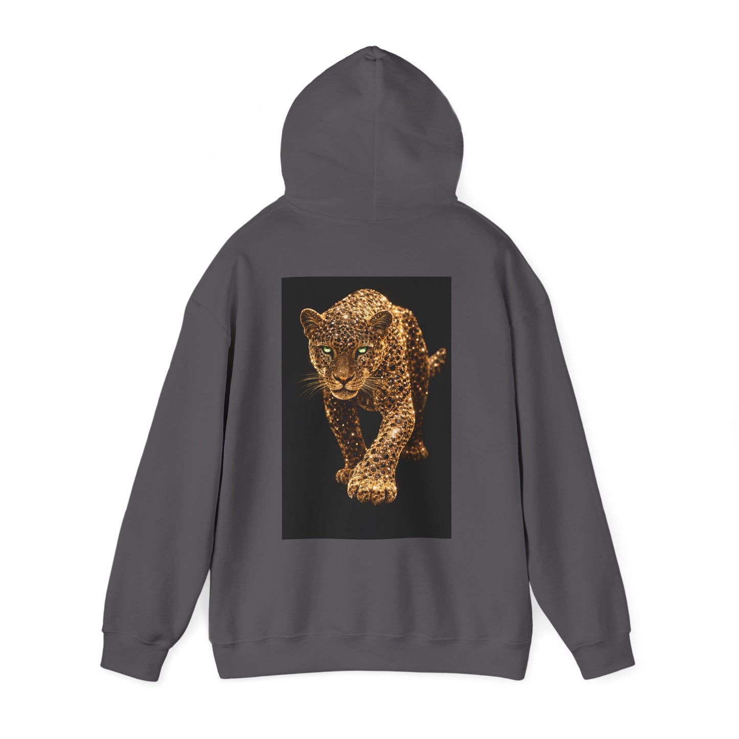 Charcoal gray hooded sweatshirt with hood up featuring bold leopard panther artwork, motivational luxury hoodie designed for leaders and disciplined minds