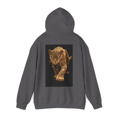 Charcoal gray hooded sweatshirt with hood up featuring bold leopard panther artwork, motivational luxury hoodie designed for leaders and disciplined minds